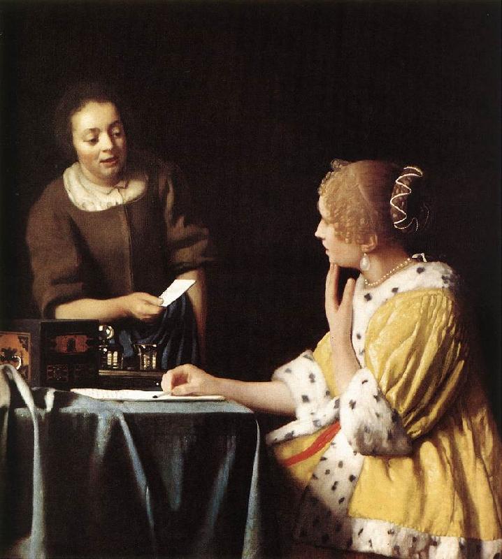 Jan Vermeer Lady with Her Maidservant Holding a Letter oil painting picture